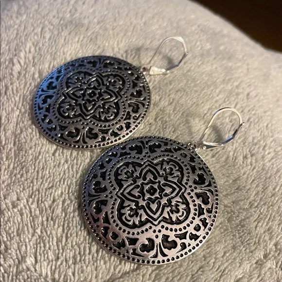 Scroll & Vine Silver Tone Leverback Drop Dangle Earrings circular metallic boho - Picture 3 of 13